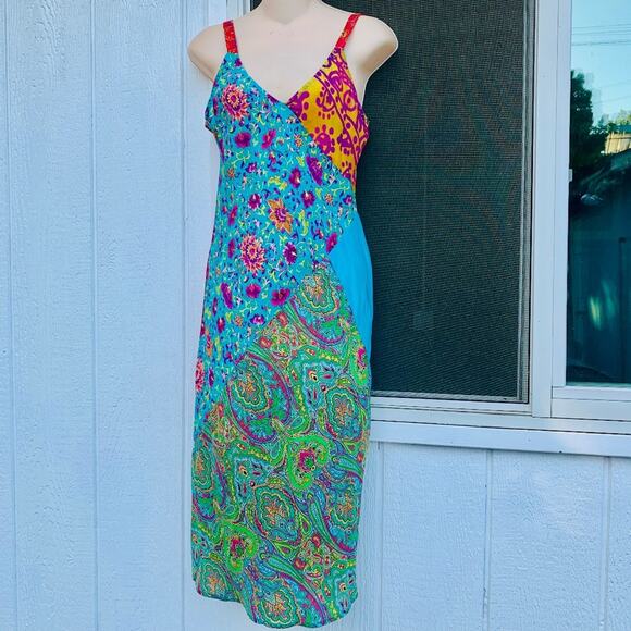 Y2K TESSUTO 100% SILK PATCHWORK PRINT SLIPDRESS S - Picture 1 of 5